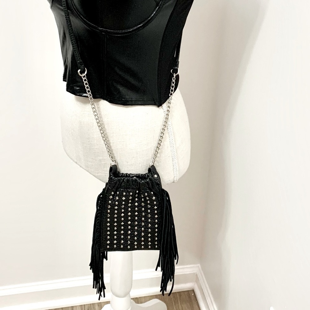 Vintage Mudd Leather Fringe Studded Pouch Crossbody Bag